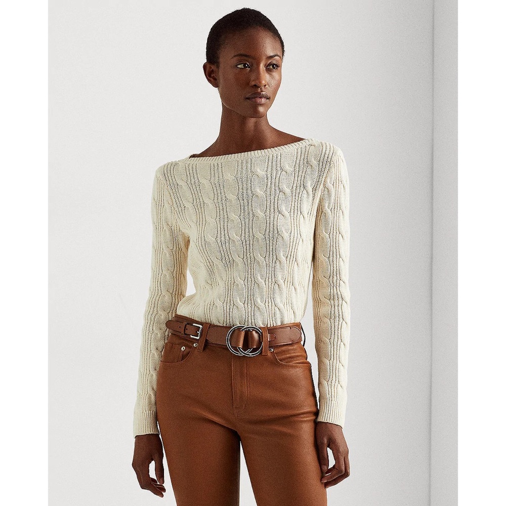 LAUREN Ralph Lauren Light Cream Cable Knit Boatneck Longsleeve Pullover Sweater